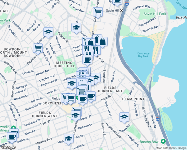 map of restaurants, bars, coffee shops, grocery stores, and more near 12 Fenton Street in Boston