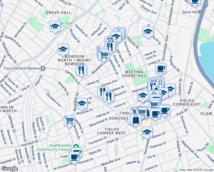 map of restaurants, bars, coffee shops, grocery stores, and more near 91-93 Homes Avenue in Boston