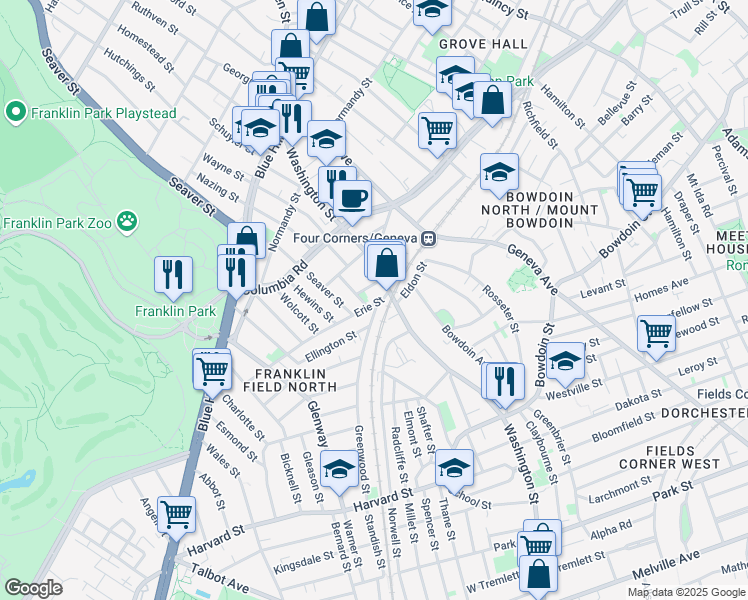 map of restaurants, bars, coffee shops, grocery stores, and more near 15 Erie Street in Boston