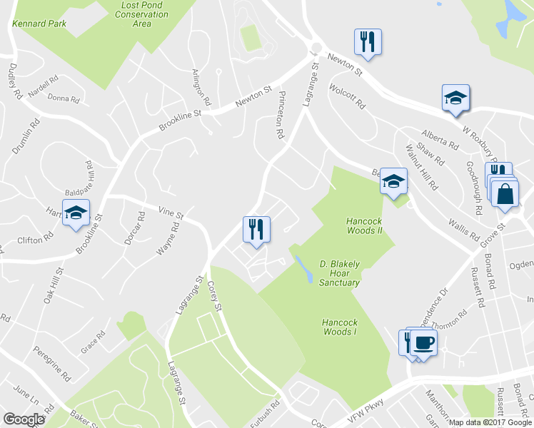 map of restaurants, bars, coffee shops, grocery stores, and more near 20 Broadlawn Drive in Newton