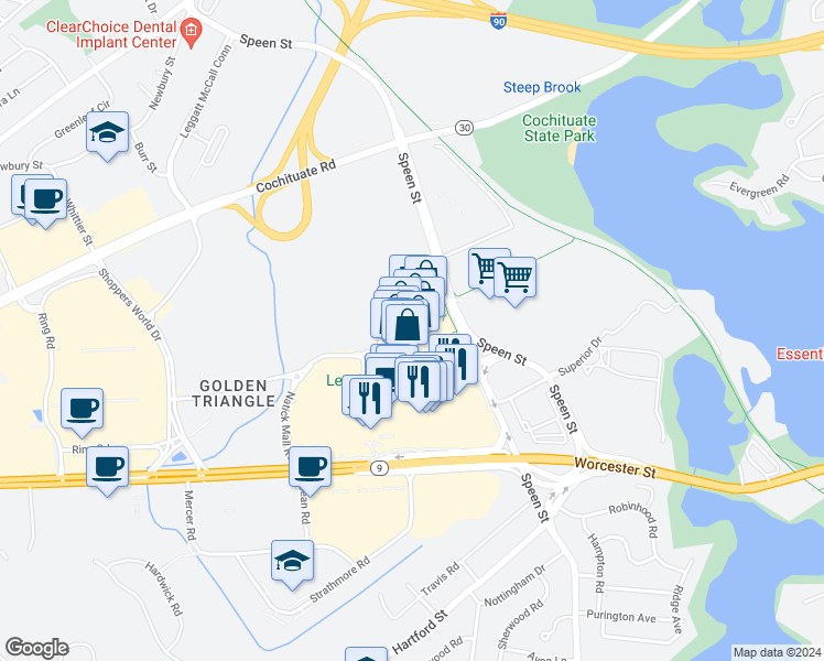 map of restaurants, bars, coffee shops, grocery stores, and more near 1245 Worcester Street in Natick