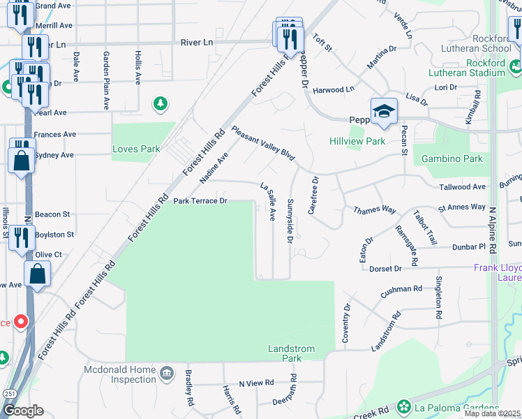 map of restaurants, bars, coffee shops, grocery stores, and more near 3032 La Salle Avenue in Rockford