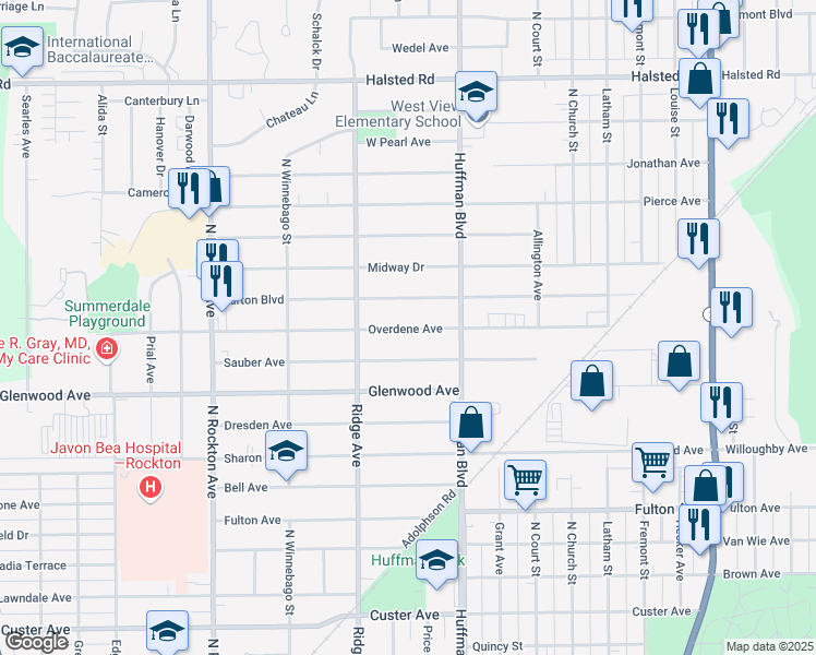 map of restaurants, bars, coffee shops, grocery stores, and more near 1923 Overdene Avenue in Rockford