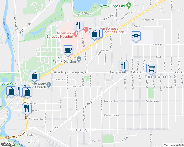 map of restaurants, bars, coffee shops, grocery stores, and more near 1824 Humphrey Street in Kalamazoo