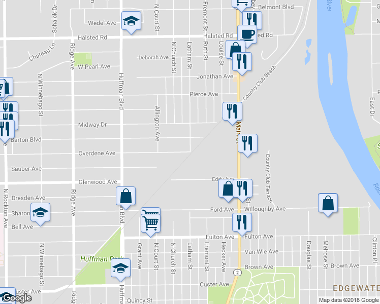 map of restaurants, bars, coffee shops, grocery stores, and more near 1400 Overdene Avenue in Rockford
