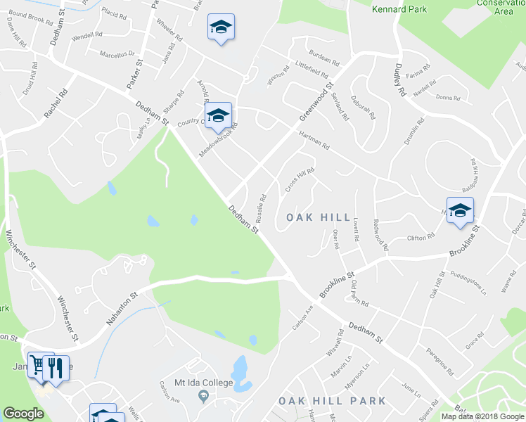 map of restaurants, bars, coffee shops, grocery stores, and more near 27 Rosalie Road in Newton