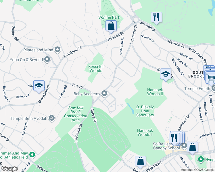 map of restaurants, bars, coffee shops, grocery stores, and more near 46 Broadlawn Drive in Newton