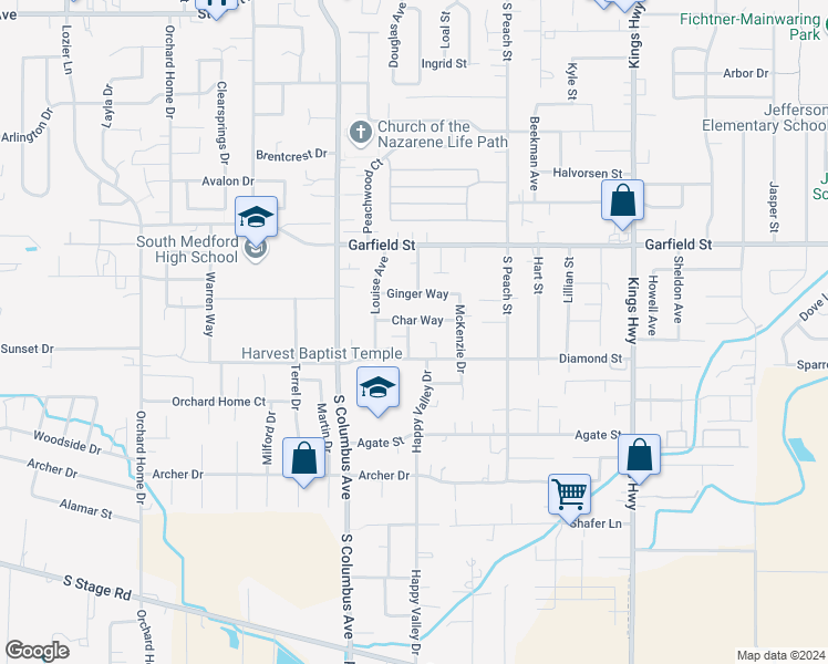 map of restaurants, bars, coffee shops, grocery stores, and more near 1807 Sarah Way in Medford