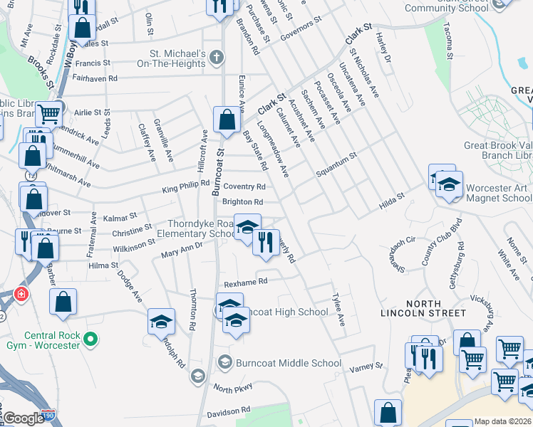 map of restaurants, bars, coffee shops, grocery stores, and more near 37 Monterey Road in Worcester