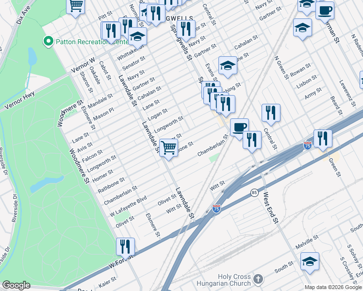 map of restaurants, bars, coffee shops, grocery stores, and more near 8203 Rathbone Street in Detroit