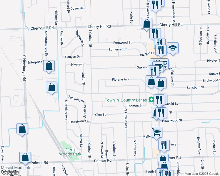 map of restaurants, bars, coffee shops, grocery stores, and more near 36035 Rolf Street in Westland