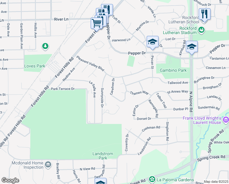 map of restaurants, bars, coffee shops, grocery stores, and more near 3107 Carefree Drive in Rockford
