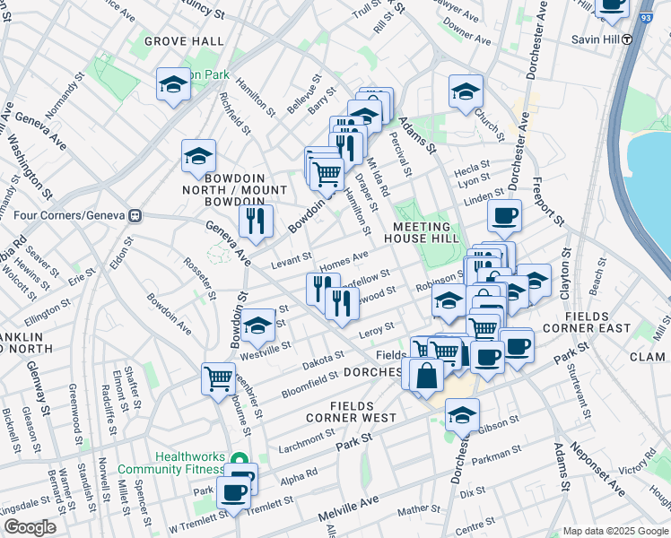 map of restaurants, bars, coffee shops, grocery stores, and more near 91-93 Homes Avenue in Boston