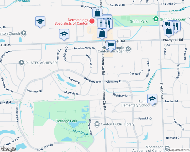 map of restaurants, bars, coffee shops, grocery stores, and more near 45450 Fountain View Drive in Canton