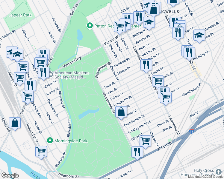 map of restaurants, bars, coffee shops, grocery stores, and more near 9214 Avis Street in Detroit
