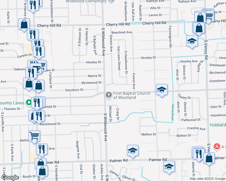 map of restaurants, bars, coffee shops, grocery stores, and more near 34206 Avondale Street in Westland
