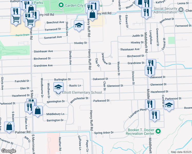 map of restaurants, bars, coffee shops, grocery stores, and more near 30190 Oakwood Street in Inkster