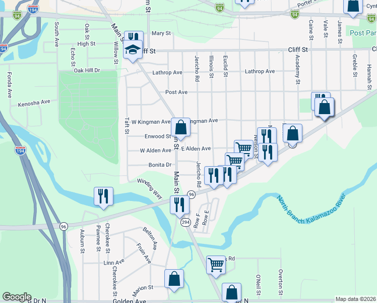 map of restaurants, bars, coffee shops, grocery stores, and more near 20 East Alden Avenue in Battle Creek