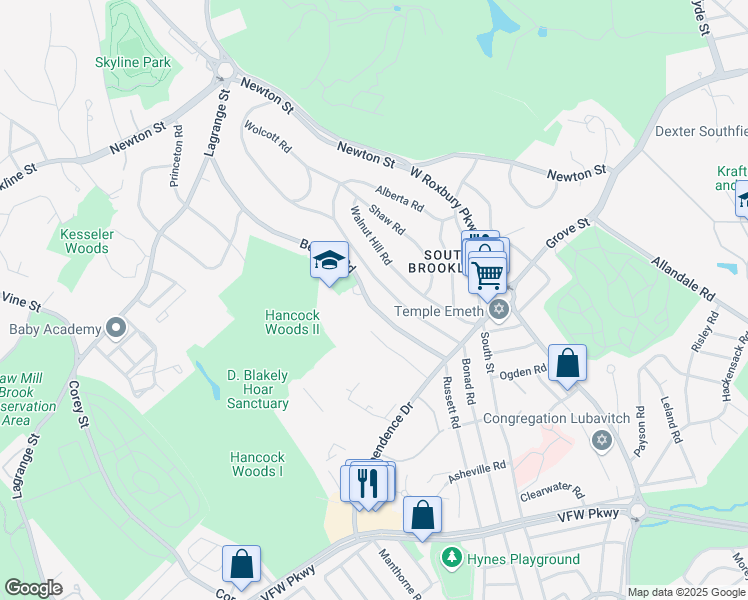 map of restaurants, bars, coffee shops, grocery stores, and more near 220 Beverly Road in Brookline