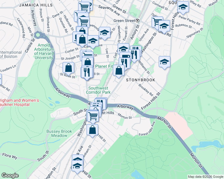 map of restaurants, bars, coffee shops, grocery stores, and more near 3607 Washington Street in Boston