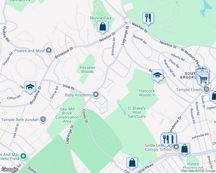 map of restaurants, bars, coffee shops, grocery stores, and more near 50 Broadlawn Drive in Newton
