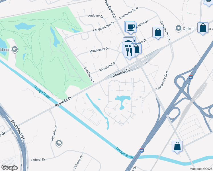 map of restaurants, bars, coffee shops, grocery stores, and more near 16055 Knollwood Drive in Dearborn