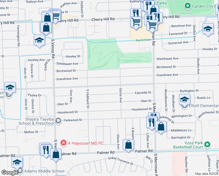 map of restaurants, bars, coffee shops, grocery stores, and more near 32201 Avondale Street in Westland