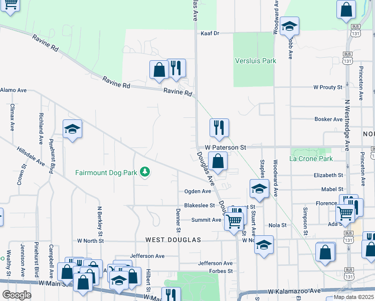 map of restaurants, bars, coffee shops, grocery stores, and more near 1227 Douglas Avenue in Kalamazoo
