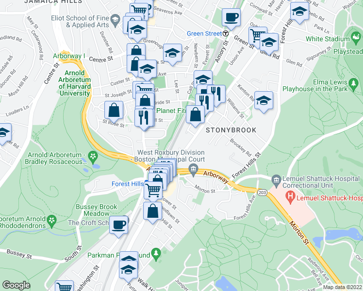 map of restaurants, bars, coffee shops, grocery stores, and more near 3615-3645 Washington Street in Boston
