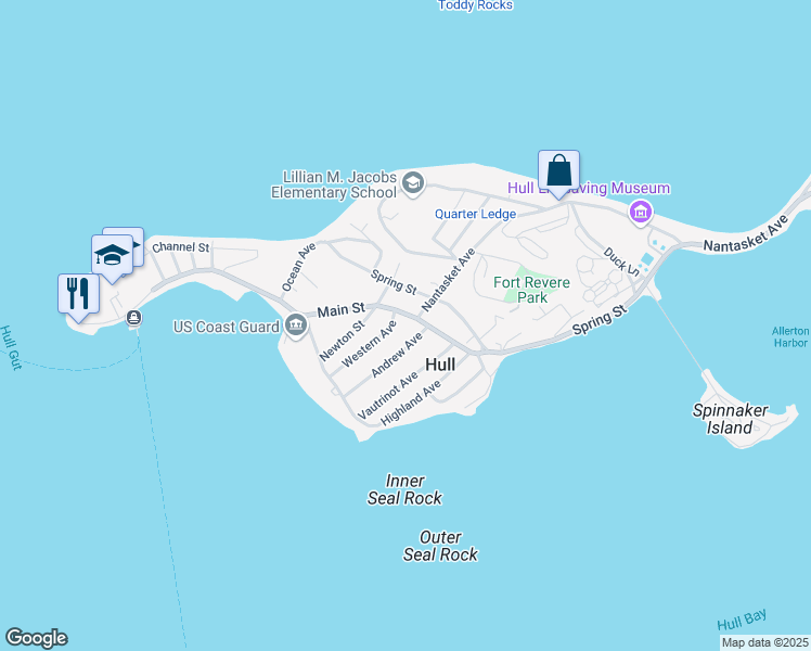 map of restaurants, bars, coffee shops, grocery stores, and more near 7 Western Avenue in Hull