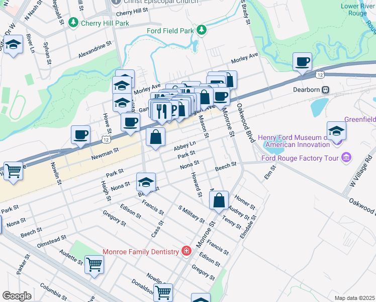 map of restaurants, bars, coffee shops, grocery stores, and more near 22192 Park Street in Dearborn