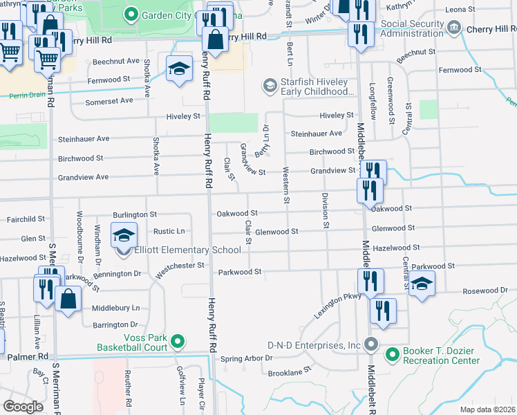 map of restaurants, bars, coffee shops, grocery stores, and more near 30059 Oakwood Street in Inkster