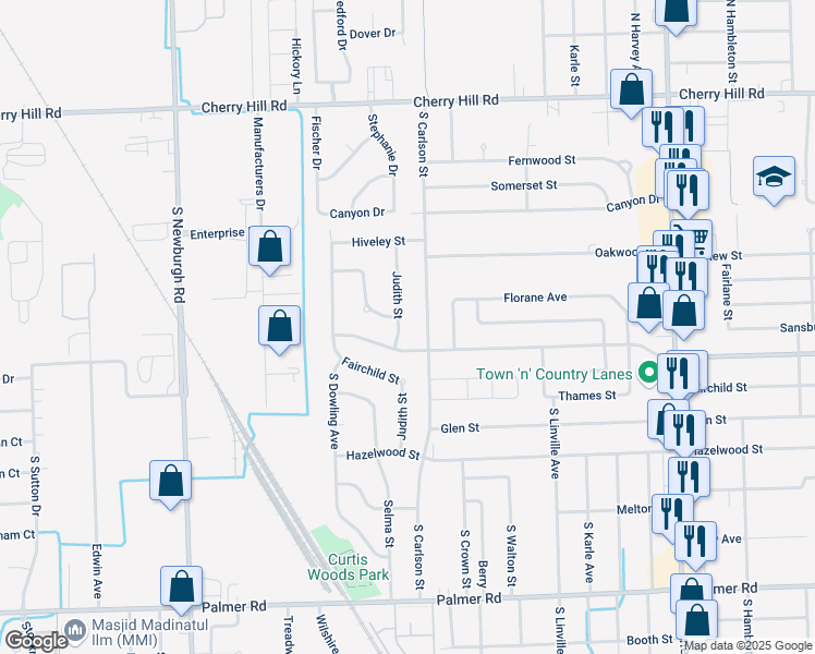 map of restaurants, bars, coffee shops, grocery stores, and more near 912 South Carlson Street in Westland