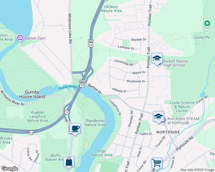 map of restaurants, bars, coffee shops, grocery stores, and more near 351 Hilldale Drive in Ann Arbor