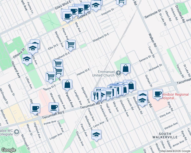 map of restaurants, bars, coffee shops, grocery stores, and more near 1664 Hall Avenue in Windsor