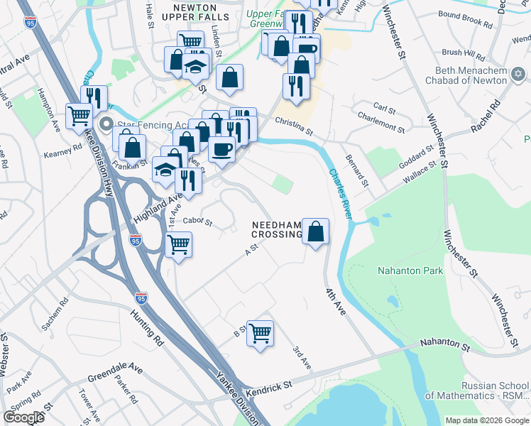 map of restaurants, bars, coffee shops, grocery stores, and more near 2nd Avenue in Needham