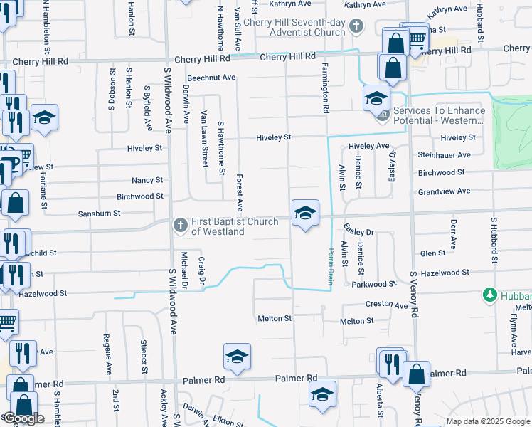 map of restaurants, bars, coffee shops, grocery stores, and more near 33682 Avondale Street in Westland