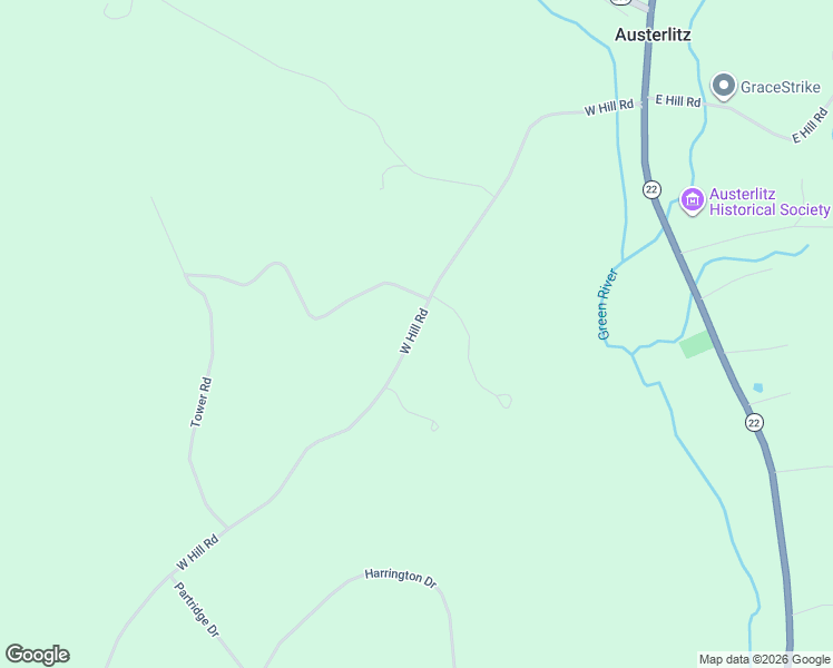 map of restaurants, bars, coffee shops, grocery stores, and more near 322 West Hill Road in Austerlitz