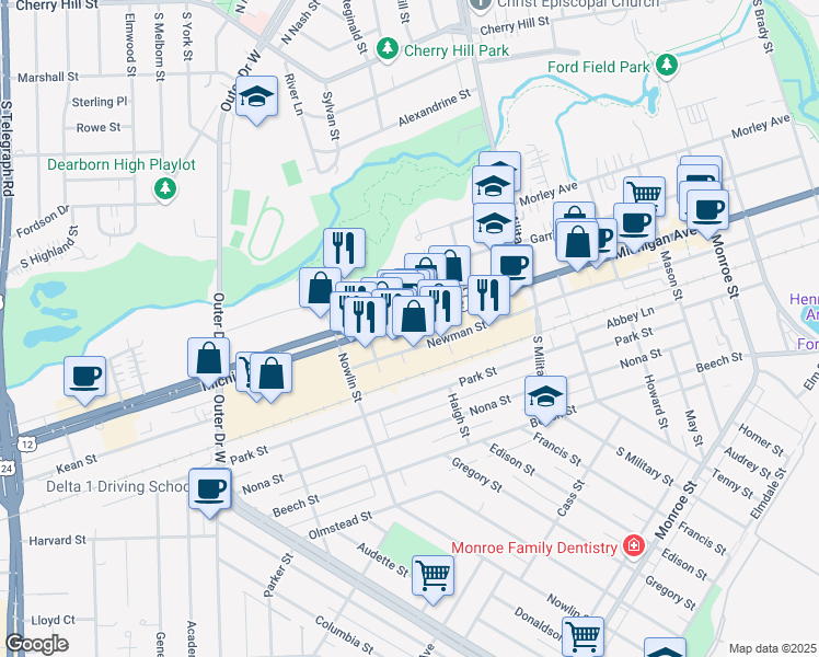 map of restaurants, bars, coffee shops, grocery stores, and more near 22731 Michigan Avenue in Dearborn