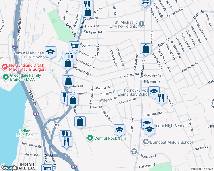 map of restaurants, bars, coffee shops, grocery stores, and more near 48 Kalmar Street in Worcester