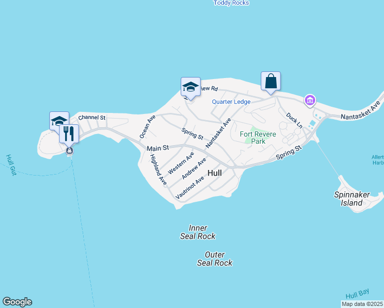 map of restaurants, bars, coffee shops, grocery stores, and more near 7 Western Avenue in Hull
