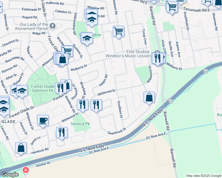 map of restaurants, bars, coffee shops, grocery stores, and more near 3735 Wildwood Drive in Windsor