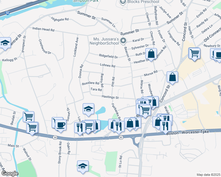 map of restaurants, bars, coffee shops, grocery stores, and more near 12 Pitt Road in Framingham