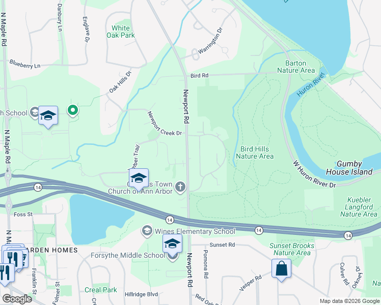 map of restaurants, bars, coffee shops, grocery stores, and more near 2120 Newport Road in Ann Arbor