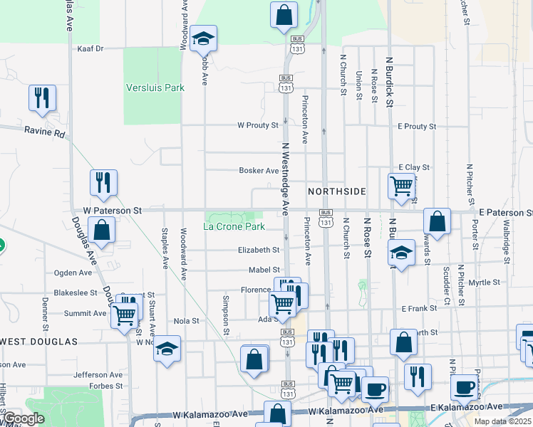 map of restaurants, bars, coffee shops, grocery stores, and more near 525 West Paterson Street in Kalamazoo