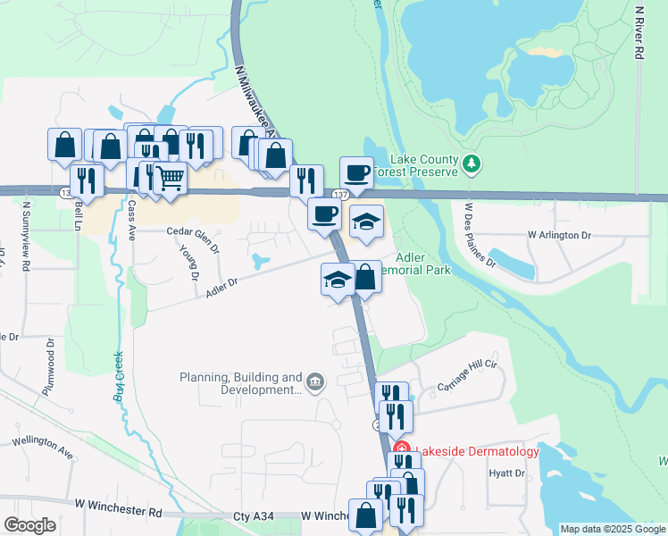 map of restaurants, bars, coffee shops, grocery stores, and more near 1647 Milwaukee Avenue in Libertyville