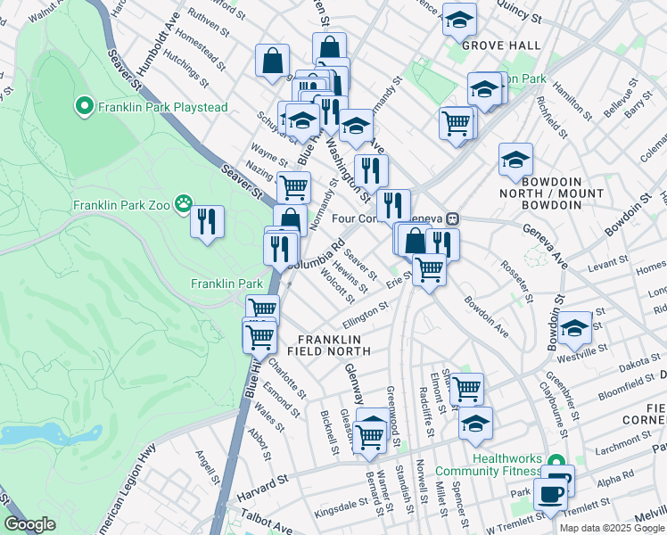 map of restaurants, bars, coffee shops, grocery stores, and more near 21 Hewins Street in Boston