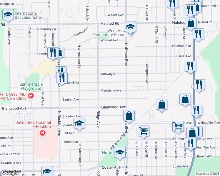 map of restaurants, bars, coffee shops, grocery stores, and more near 1923 Overdene Avenue in Rockford