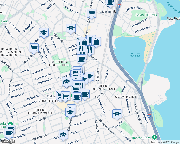 map of restaurants, bars, coffee shops, grocery stores, and more near 12 Fenton Street in Boston