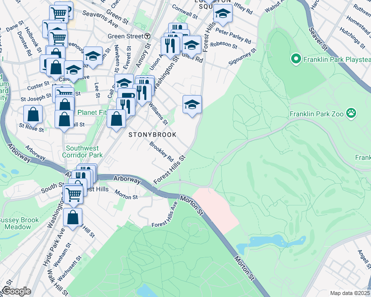 map of restaurants, bars, coffee shops, grocery stores, and more near 281 Forest Hills Street in Boston
